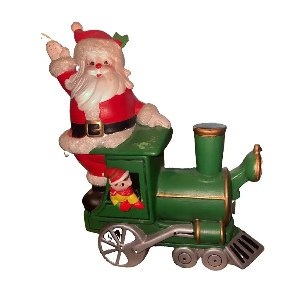 Vintage Santa Clause On A Train Christmas Cookie Jar With His Elf 12x10